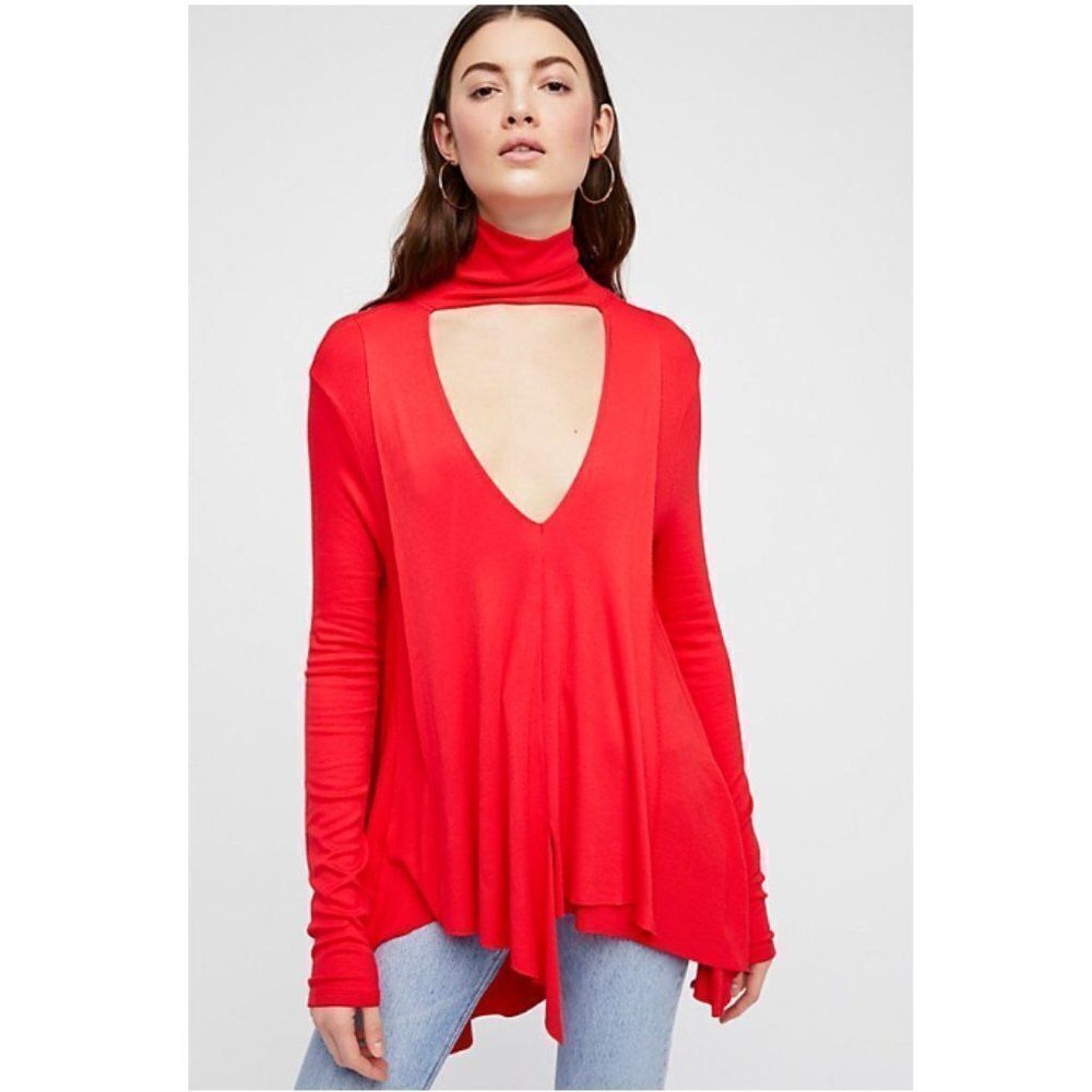 Free People Choker Collar Long Sleeve Asymmetrical Hem Ribbed Uptown Turtle Tee